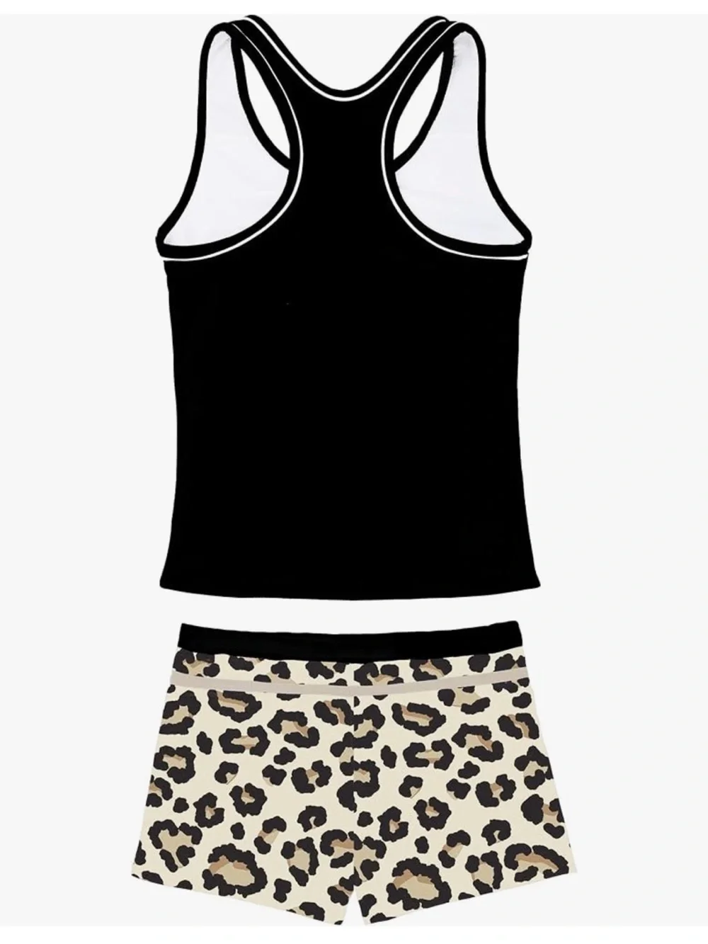 Girls' Black Tankini Swim Top with Leopard Trim and Matching Swim Shorts